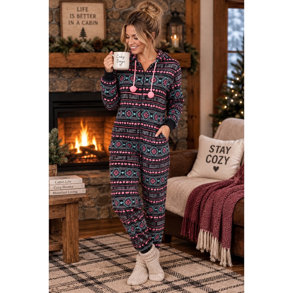 SO Intimates Womens Large Fleece Union Suit Hooded Pajamas Fair Isle Love Pink